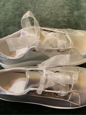 Women's Metallic Silver Lace-Up Sneakers with Sheer Ribbon